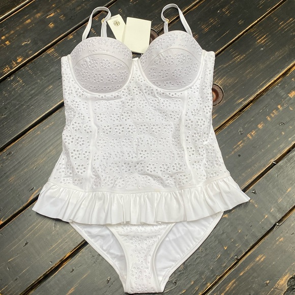 Tory Burch Broderie Anglaise Flounce One-Piece Bathing Suit - Size Large - Picture 4 of 14